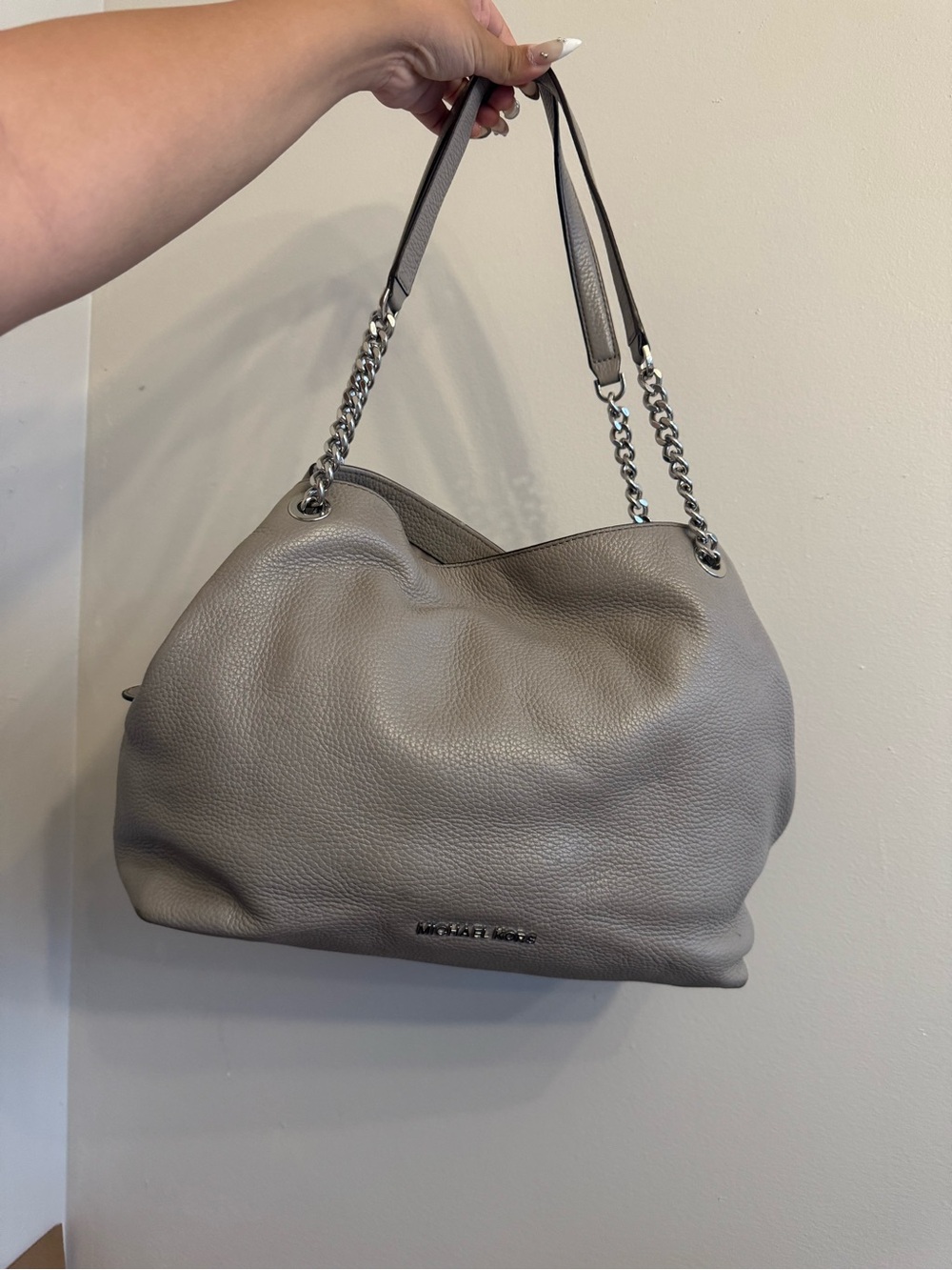 Michael Kors Gray Pebbled Leather Shoulder Bag with Chain Straps